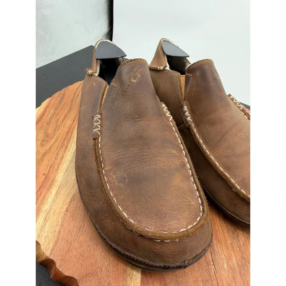 OluKai Moloa Slipper Loafer Mens Size 8 Brown Leather Shearling Lined 10252-3363
